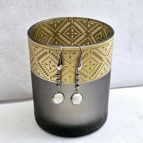 Sterling 925 ITALY Rolo Link Freshwater Pearl Drop Earrings - Picture 6 of 16